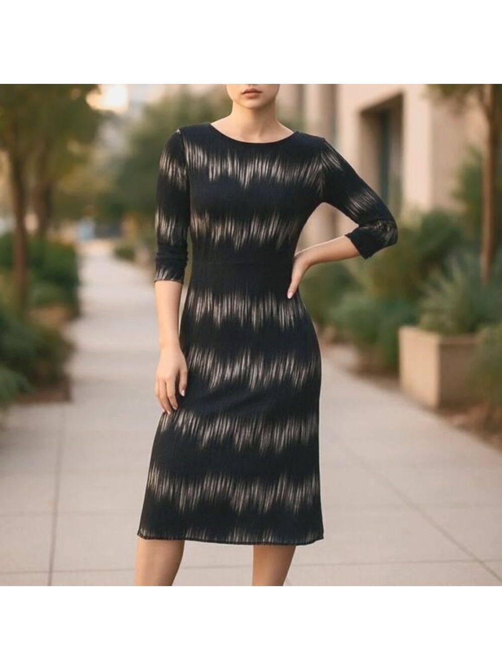 Studio One Black Dress Size 8 – Elegant Midi Style with 3/4 Sleeves